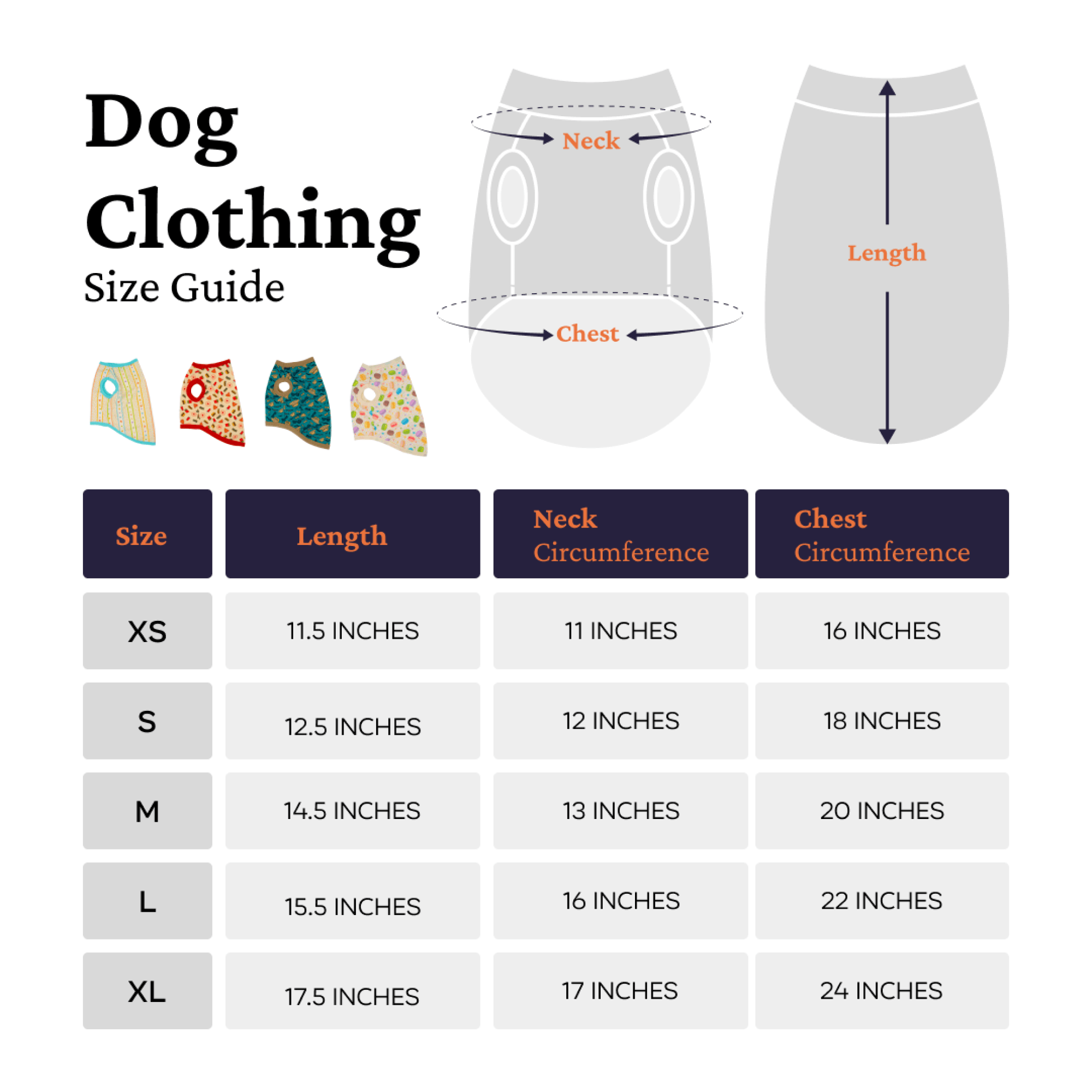 Dog clothing size guide